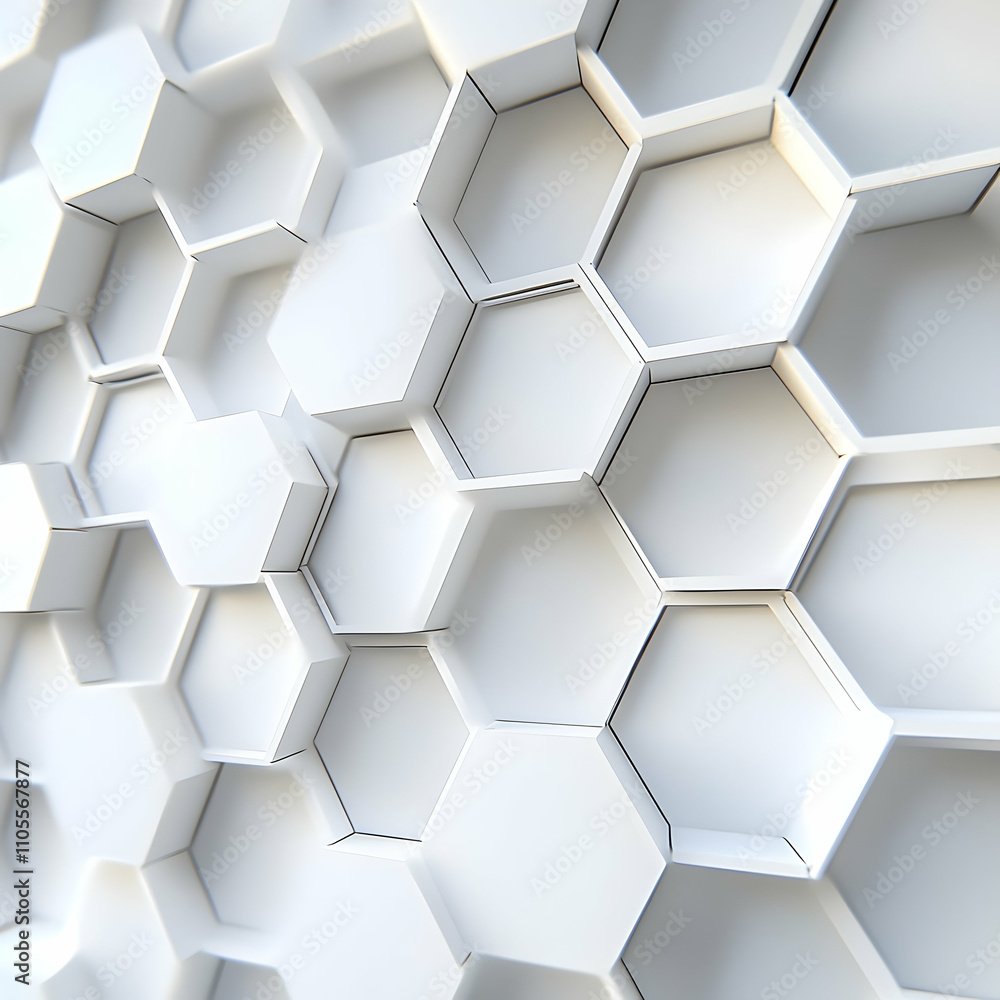 Poster a white background with an abstract geometric pattern of hexagons, giving it the appearance of three