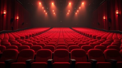Empty red cinema seats, photorealistic AI rendering.