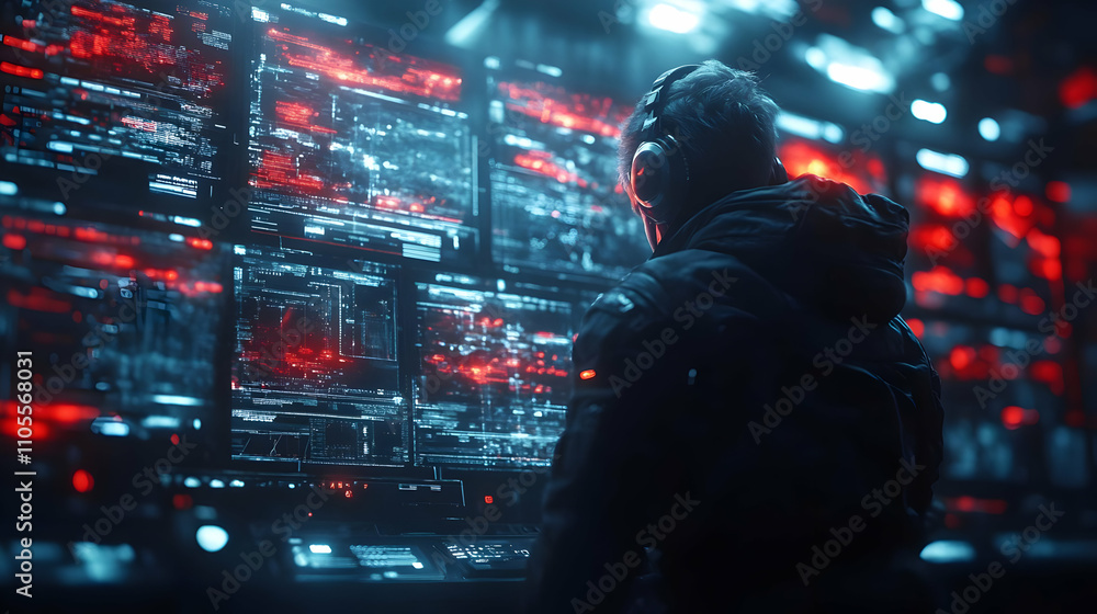 Poster cybersecurity expert analyzes data streams intensely