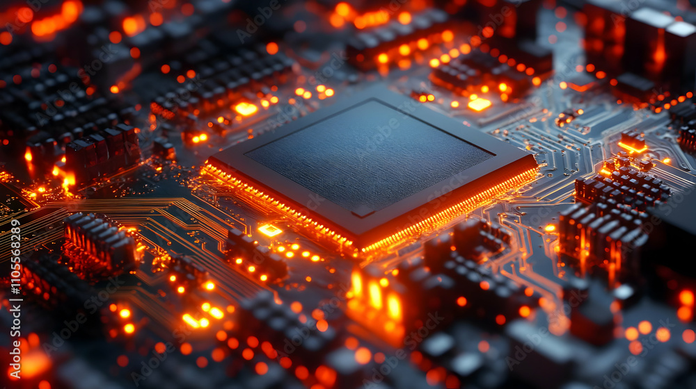 Poster exploring circuit boards: microchip technology illuminates advanced designs