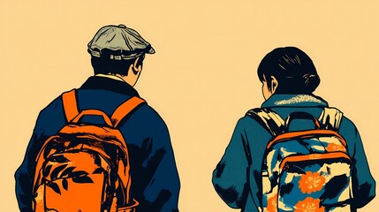 Fototapeta premium Elderly travelers with backpacks hiking through a national park, immersed in the beauty of diverse flora and fauna around them