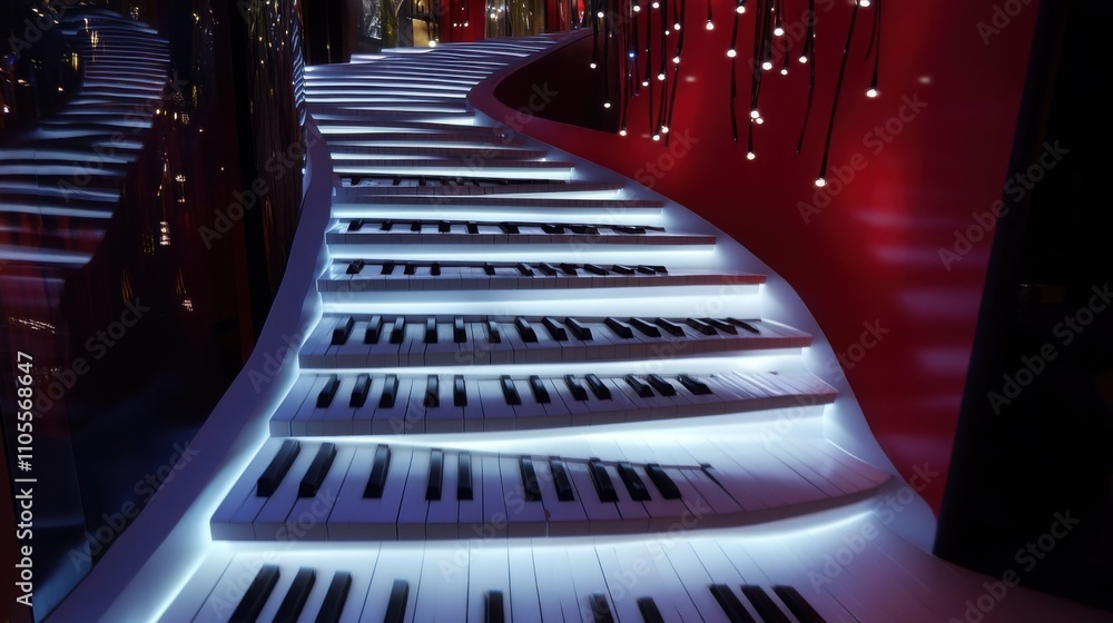 Poster a staircase made of giant piano keys that light up with each step, set in a whimsical setting