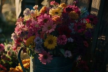 Fototapeta premium Colorful Flower Bouquet In Rustic Metal Container
