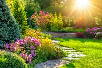 Obraz premium Sunlit Garden Path With Blooming Flowers And Lush Greenery