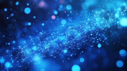 Abstract tech background shows network connection. Blue particles, lines form intricate patterns. Dynamic design for tech presentation business visual. Modern style for creative ideas. Futuristic