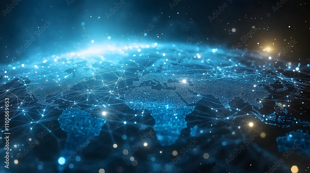 Poster global network: connections illuminate the world map digitally