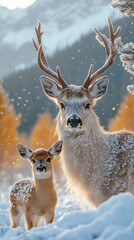 Majestic deer and its fawn standing amidst falling snowflakes, set against a picturesque winter backdrop of mountains and trees.