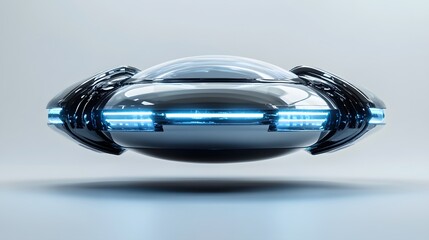 Futuristic silver UFO spacecraft with glowing blue energy rings and transparent dome, rendered in 3D with chrome textures and dramatic lighting against white background.