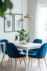 Stylish dining room featuring blue chairs, white table, and indoor plants, creating a fresh, contemporary look.