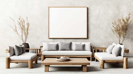Minimalist living room with wooden furniture, white cushions, and a large blank canvas on the wall.