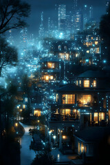 Night Cityscape Smart Homes 3D Illustration