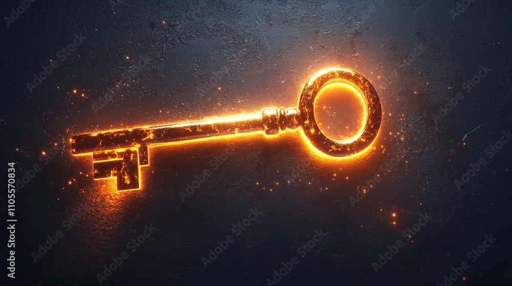 Poster glowing key with sparkling effects on dark background