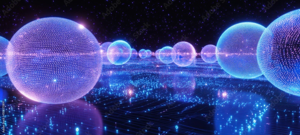 Poster glowing spheres in a digital universe: an abstract 3d render