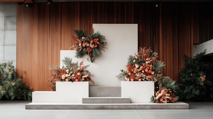 Fototapeta premium Modern stage design with floral arrangements featuring orange and pink flowers against wooden panel backdrop