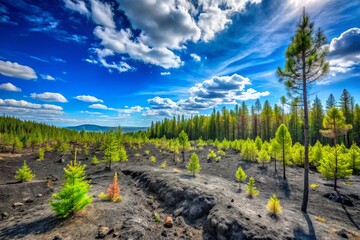 Obraz premium Resilient Pine Forest Rebounding from Fire: A Symbol of Strength and Survival Amidst Nature’s Challenges, Capturing the Beauty of Recovery and Regrowth in the Wake of Adversity