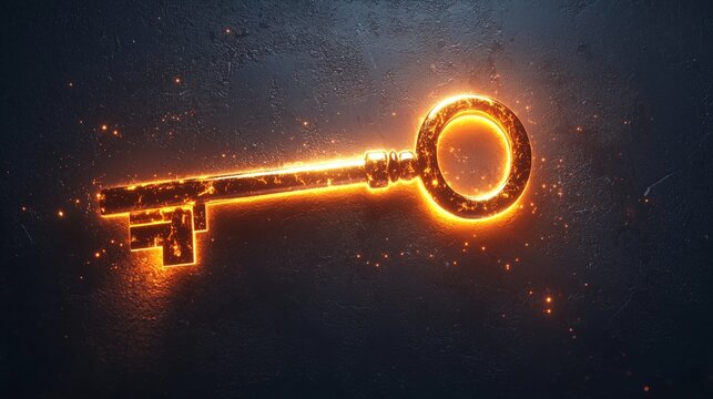 Glowing Key with Sparkling Effects on Dark Background