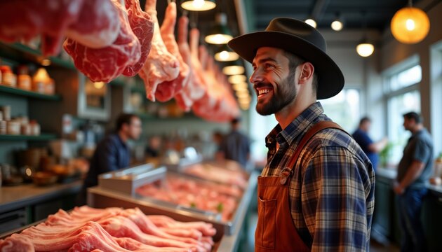 Man wearing hat examines fresh meat selection at market stall. Variety of raw beef pork chicken lamb displayed. Butcher shop atmosphere. Customer looks happy at food variety. Potential customers food