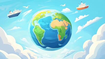Naklejka premium Transparent Earth showing maritime routes flat design front view navigation theme cartoon drawing colored pastel