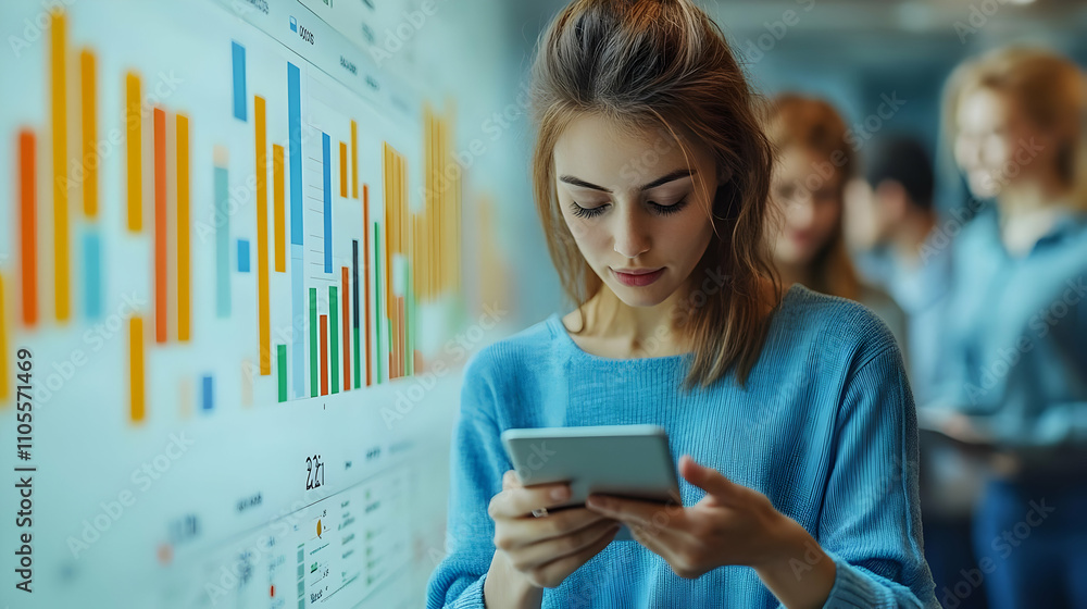 Poster analyzing data: charts & graphs on tablet screen