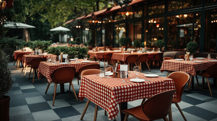Outdoor restaurant patio with tables covered in red checkered cloths and brown chairs, surrounded by greenery and warm lighting in the background.