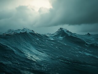 Dark Teal Ocean Waves Crashing Under Stormy Skies