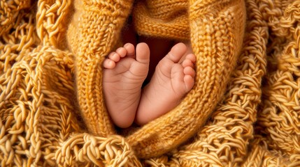 A newborn baby's feet resting gently on a soft blanket, symbolizing the beginning of life and birth announcement. The background is blurred with a shallow depth of field, emphasizing the tiny feet. 