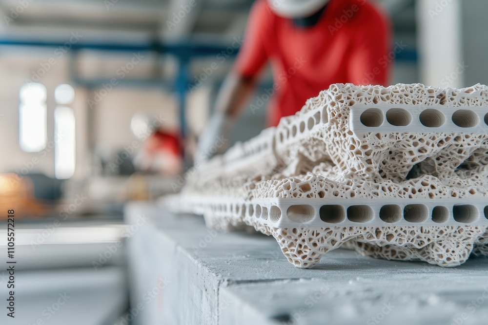 Poster innovative building material with unique honeycomb structure being constructed in modern warehouse e