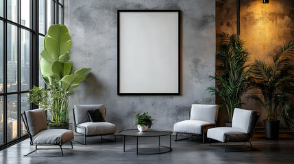 Modern Industrial Lounge: Concrete, Plants & Chairs