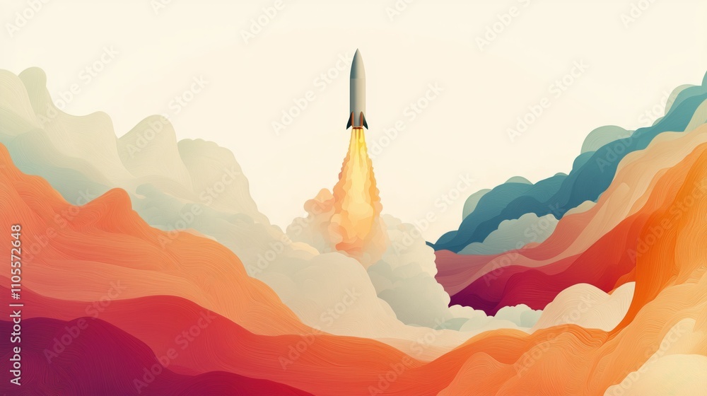 Poster rocket launch in colorful abstract clouds