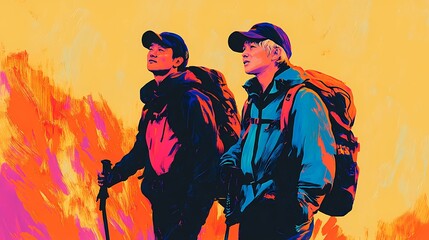 Older hikers with backpacks sharing a laugh while consulting a trail map during a break on their woodland expedition