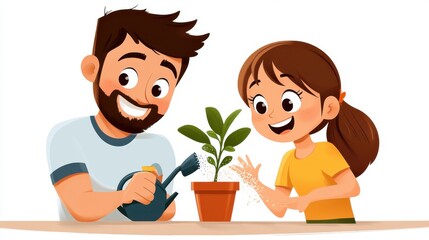 Animated father and daughter enthusiastically engage in nurturing a small potted plant together, reflecting a joyful family bonding moment in a bright setting.