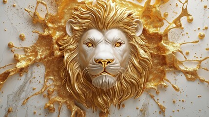 Golden lion head decorates wallpaper mural. 3D relief design with golden splashes. Exquisitely detailed lion head appears regal, majestic. Luxurious, sophisticated wall art piece. Great for modern