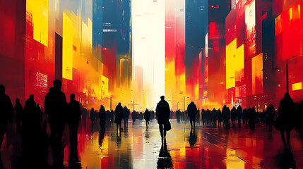 Obraz premium Urban Exploration: A City's Vibrant Hues at Dusk, Crowds Moving Through Reflective Streets