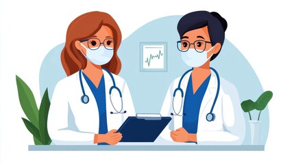 This illustration captures two female doctors in a clinical setting, wearing medical masks, and discussing charts, with plants adding a touch of green to the environment.