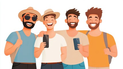 A quartet of joyful men enjoying a vacation, wearing casual summer outfits, hats, and sunglasses, capturing memories with their smartphones in a relaxed setting.