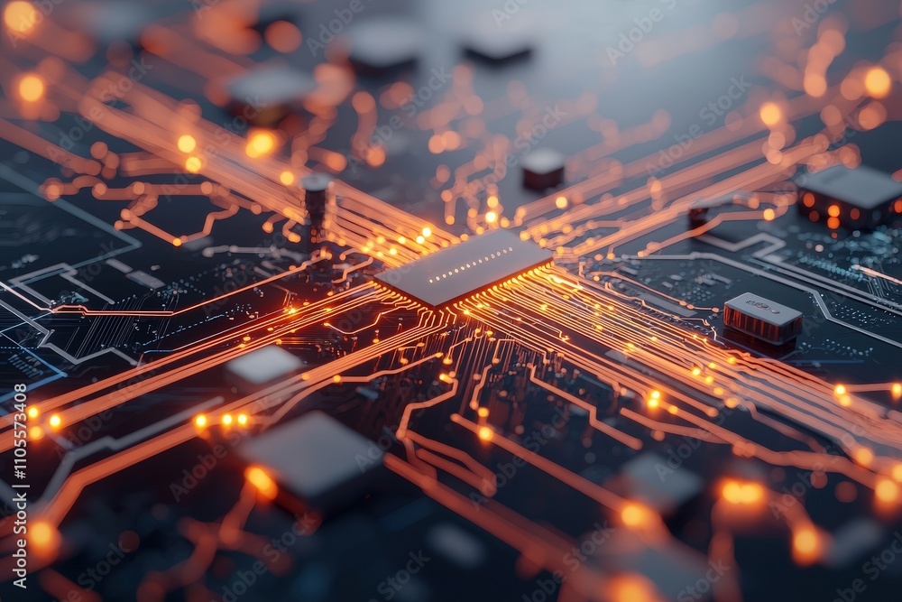 Poster abstract close-up of circuit board with glowing lines and microchips for technology themes