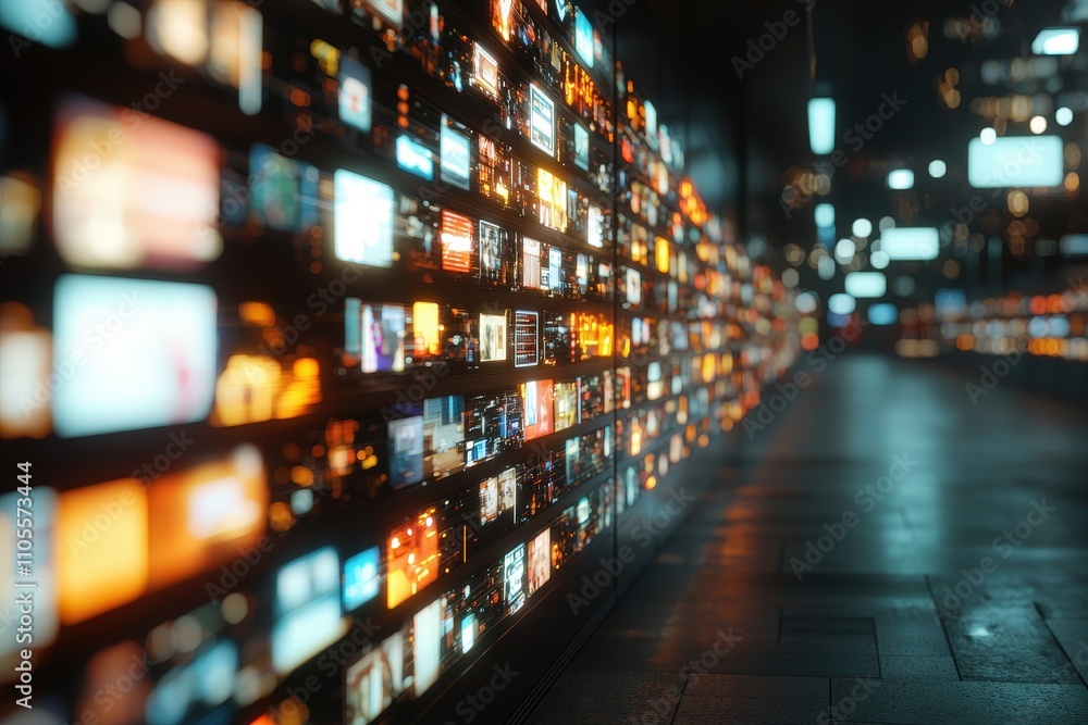 Poster digital wall of screens displaying colorful images in modern technology environment