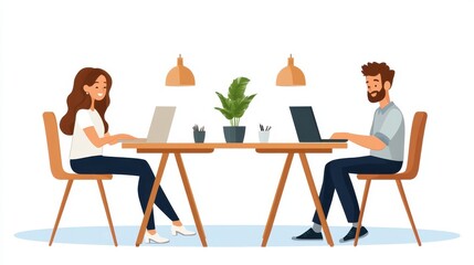 A digital art representation of a man and woman at work on their laptops at a shared workspace, promoting focus and constructive communication in an inviting setting.