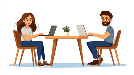 An imaginative visual portraying two individuals at a shared table working on laptops, underscoring creativity and synergy in a setting fostering productivity and connection.