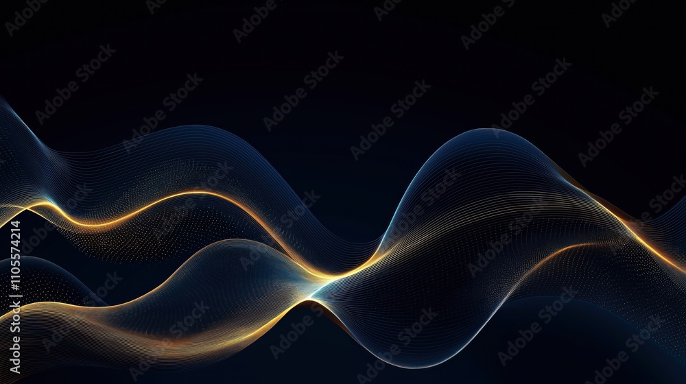 Poster abstract dark blue wavy gold line curve background design. dynamic lines, dots create flowing effect