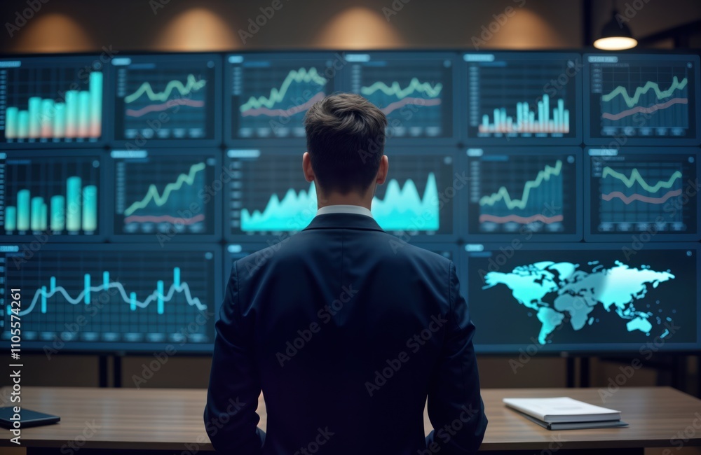 Aufkleber businessman reviews global kpi metrics on multiple screens. analyzes sales data, business performanc