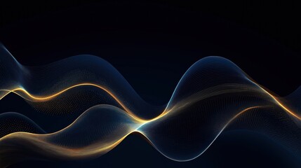 Abstract dark blue wavy gold line curve background design. Dynamic lines, dots create flowing effect. Suitable for tech themes. Modern abstract art. Perfect for tech company presentations. Futuristic