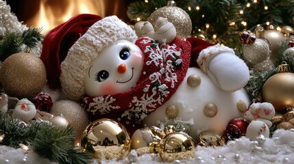 A cute snowman doll with a red scarf and hat, sitting on the table next to Christmas tree decorations