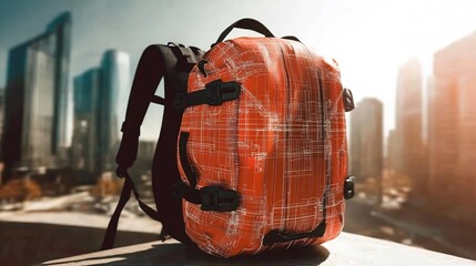 Backpack against Vibrant City Skyline at Sunrise or Sunset