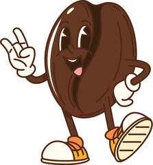 Cartoon groovy coffee bean character with funny face, vector retro emoji. Groovy coffee bean with happy smile and cool fingers gesture in good vibes in hipster shoes for coffee retro cartoon character