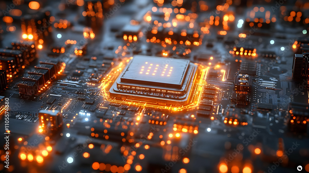 Poster exploring circuit board's intricate design & glowing components, illuminating technological advancem
