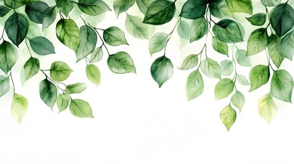 Fototapeta premium Fresh&nbsp;green leaves arranged in border&nbsp;composition with watercolor effect, featuring&nbsp;various shades and photorealistic botanical details with&nbsp;natural shadows.