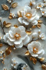 3D Floral Wallpaper Elegant White Gold Flowers