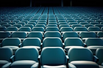 Empty teal seats in a large stadium or auditorium. Rows and rows of seats fill the space. The scene is quiet and ready for an event. Empty seating area creates a sense of anticipation and possibility.
