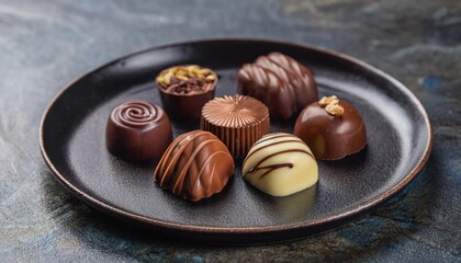 Variety of exquisite chocolates on a dark plate, gourmet dessert assortment